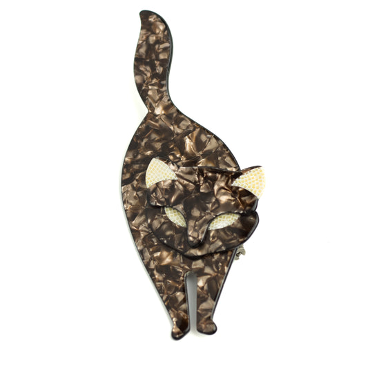 Lea Stein Paris Bacchus Standing Cat Vintage Brooch in Pearlised Brown and Beige