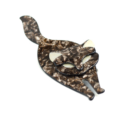 Lea Stein Paris Bacchus Standing Cat Vintage Brooch in Pearlised Brown and Beige