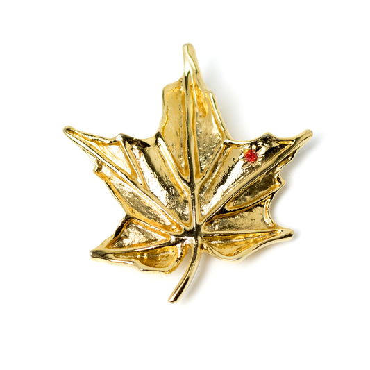 Aconda Gold-Tone Maple Leaf Vintage Brooch with Red Crystal