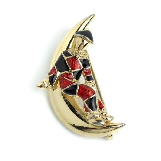 Harlequin on Crescent Moon Gold Tone Vintage Enamel Brooch