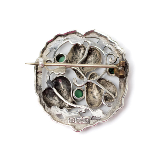 Theodor Fahrner Art Nouveau Silver Leaf Hearts Brooch with Green Chalcedony