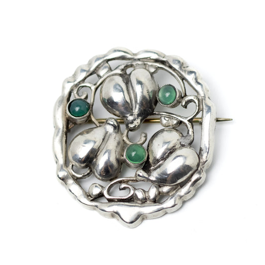 Theodor Fahrner Art Nouveau Silver Leaf Hearts Brooch with Green Chalcedony