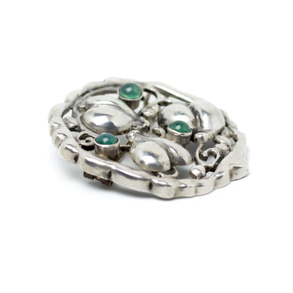 Theodor Fahrner Art Nouveau Silver Leaf Hearts Brooch with Green Chalcedony