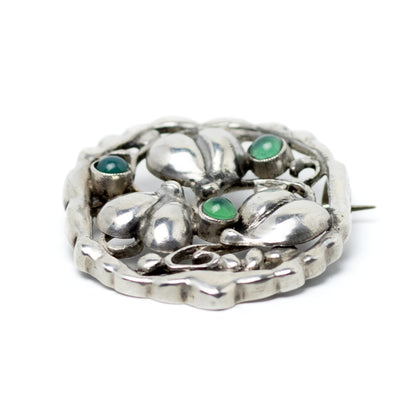 Theodor Fahrner Art Nouveau Silver Leaf Hearts Brooch with Green Chalcedony