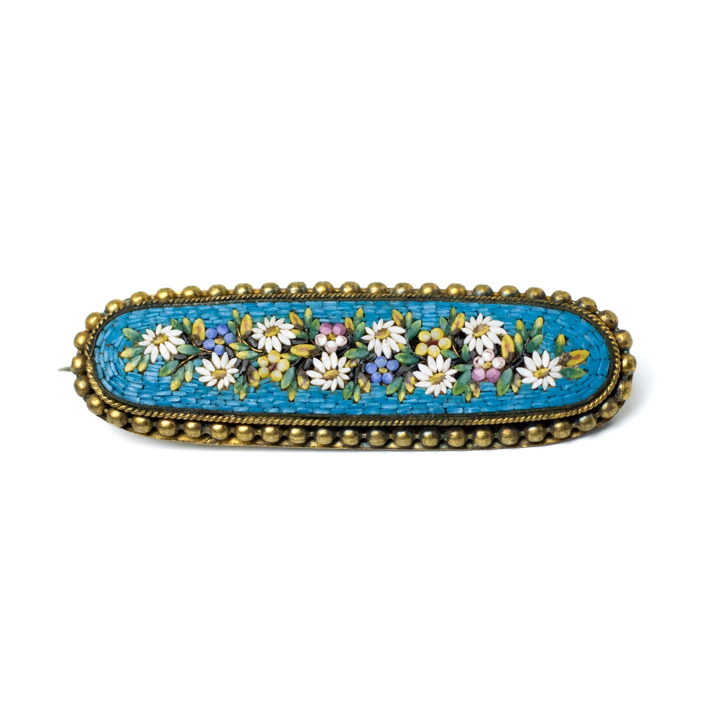 Antique Micromosaic Flowers Bar Brooch in Gold-Tone Metal