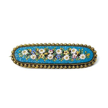 Antique Micromosaic Flowers Bar Brooch in Gold-Tone Metal