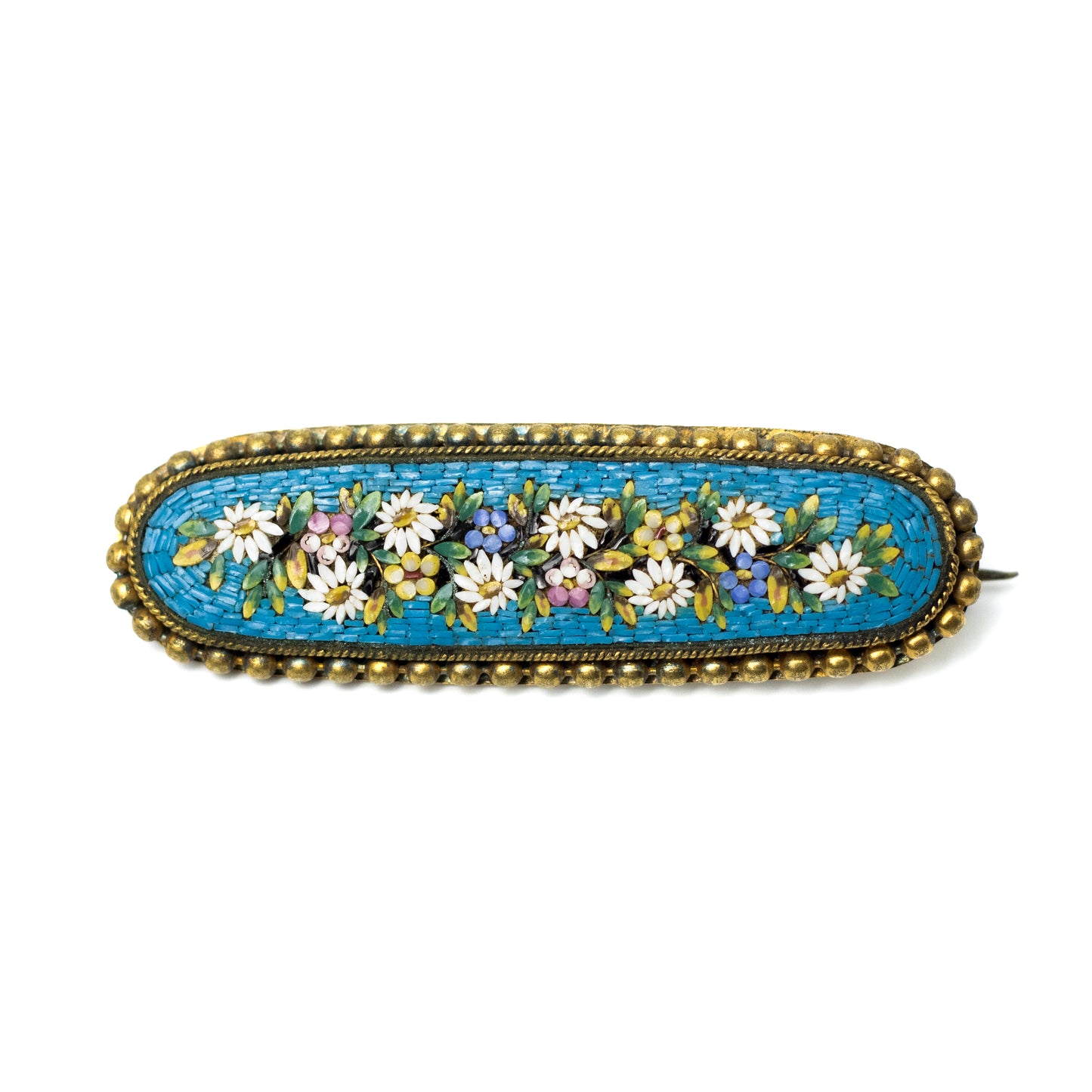 Antique Micromosaic Flowers Bar Brooch in Gold-Tone Metal