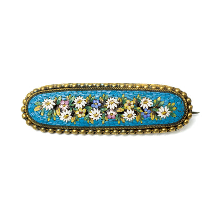 Antique Micromosaic Flowers Bar Brooch in Gold-Tone Metal