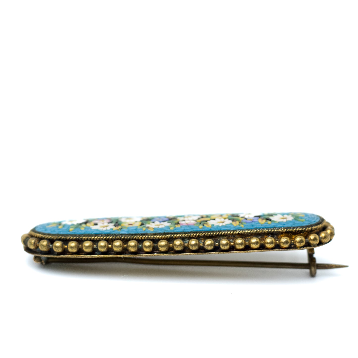 Antique Micromosaic Flowers Bar Brooch in Gold-Tone Metal