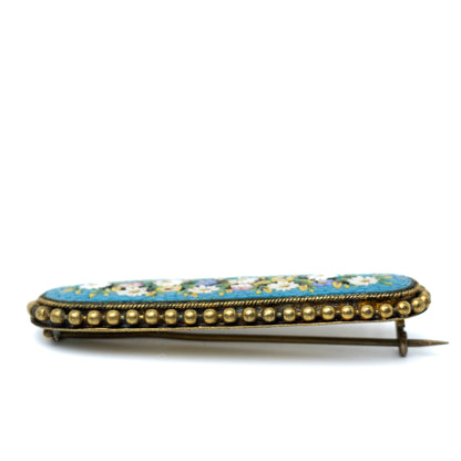 Antique Micromosaic Flowers Bar Brooch in Gold-Tone Metal
