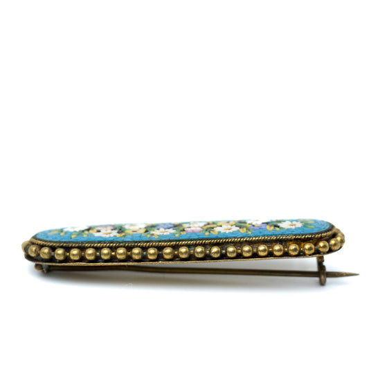 Antique Micromosaic Flowers Bar Brooch in Gold-Tone Metal