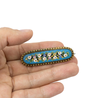 Antique Micromosaic Flowers Bar Brooch in Gold-Tone Metal