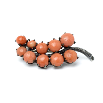 Antique Silver Branch Pin With Coral Cabochons