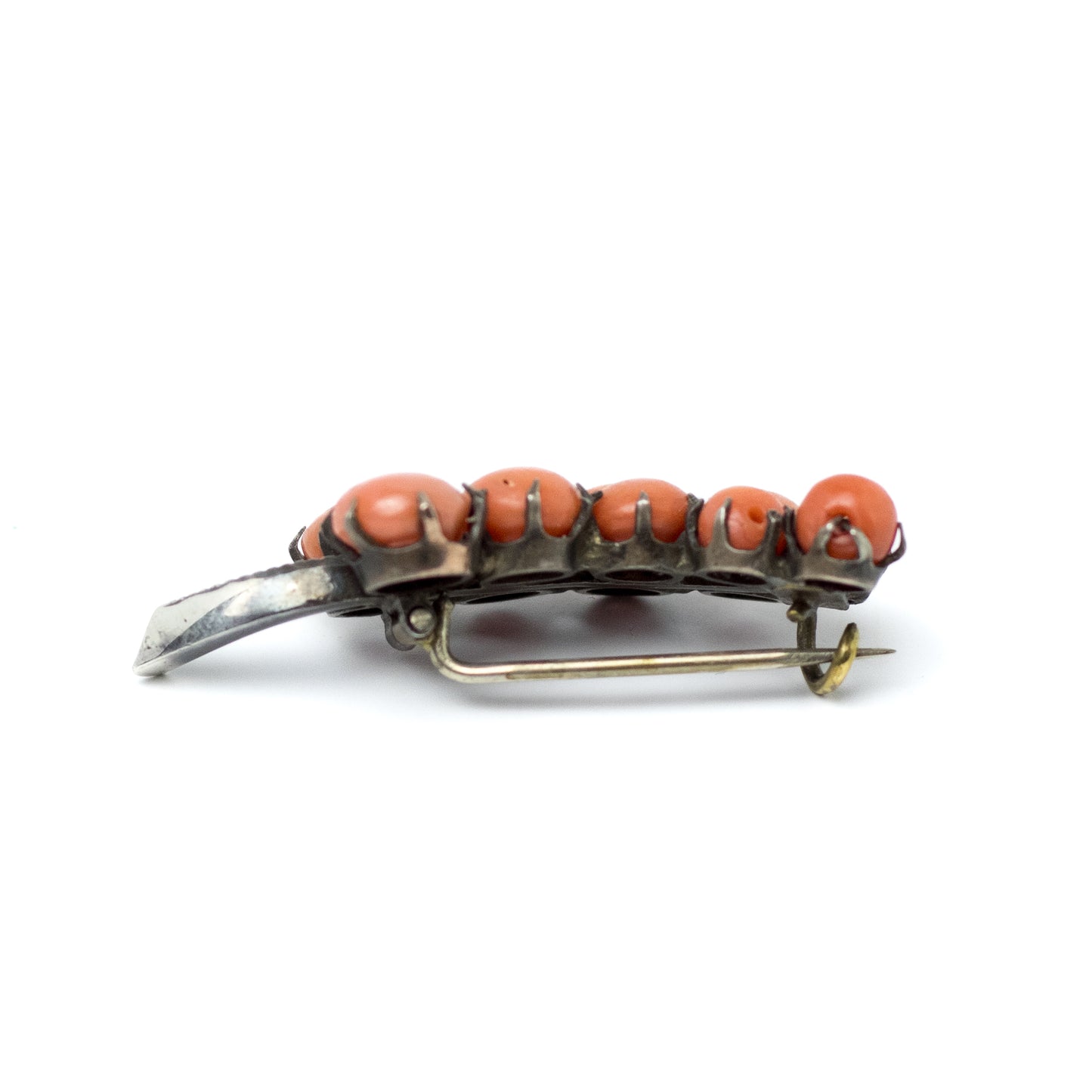 Antique Silver Branch Pin With Coral Cabochons