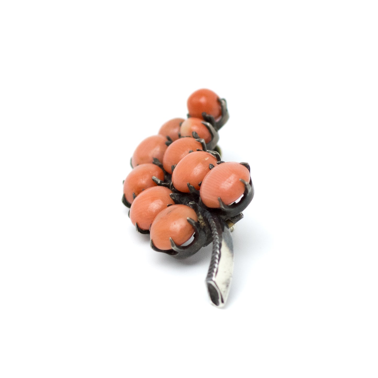 Antique Silver Branch Pin With Coral Cabochons