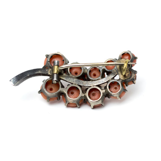Antique Silver Branch Pin With Coral Cabochons