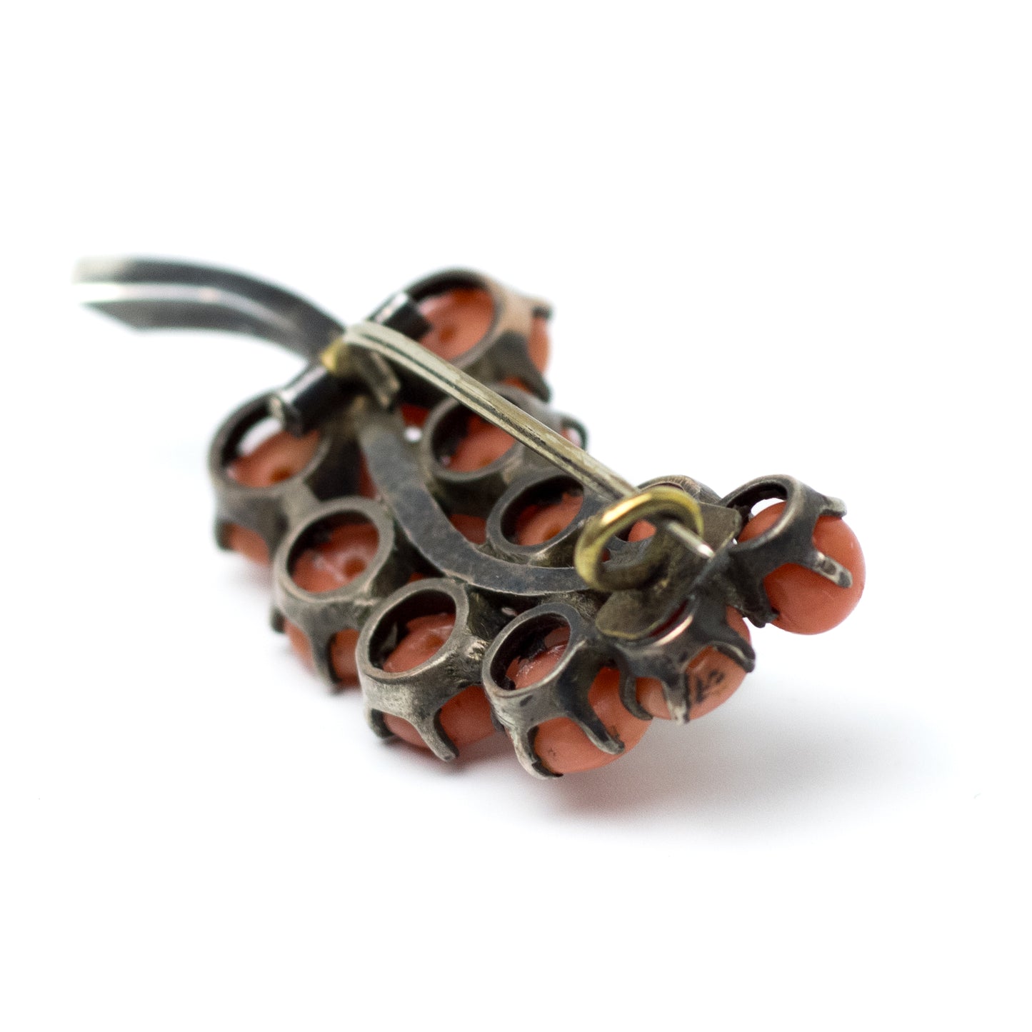 Antique Silver Branch Pin With Coral Cabochons