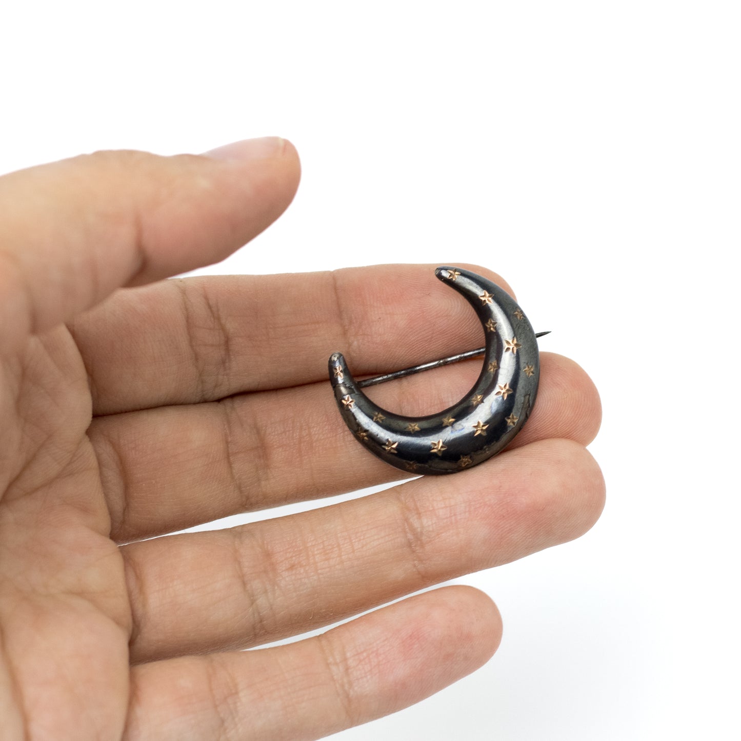 Antique Victorian Silver Moon Pin in Niello Technique