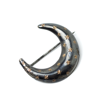 Antique Victorian Silver Moon Pin in Niello Technique