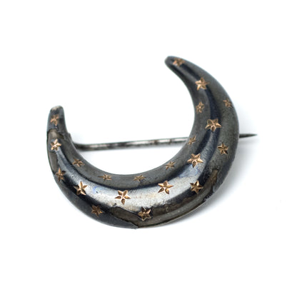 Antique Victorian Silver Moon Pin in Niello Technique