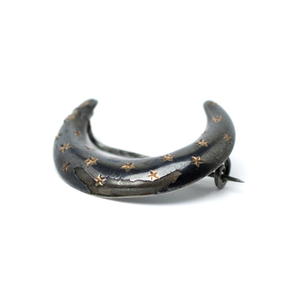 Antique Victorian Silver Moon Pin in Niello Technique