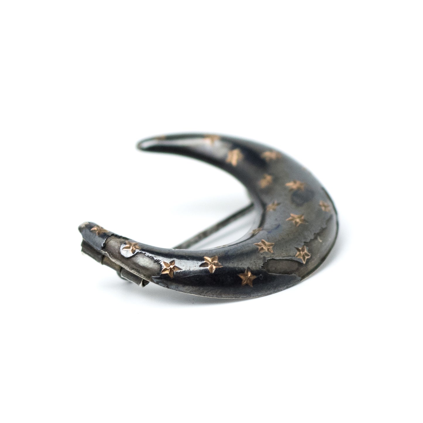 Antique Victorian Silver Moon Pin in Niello Technique