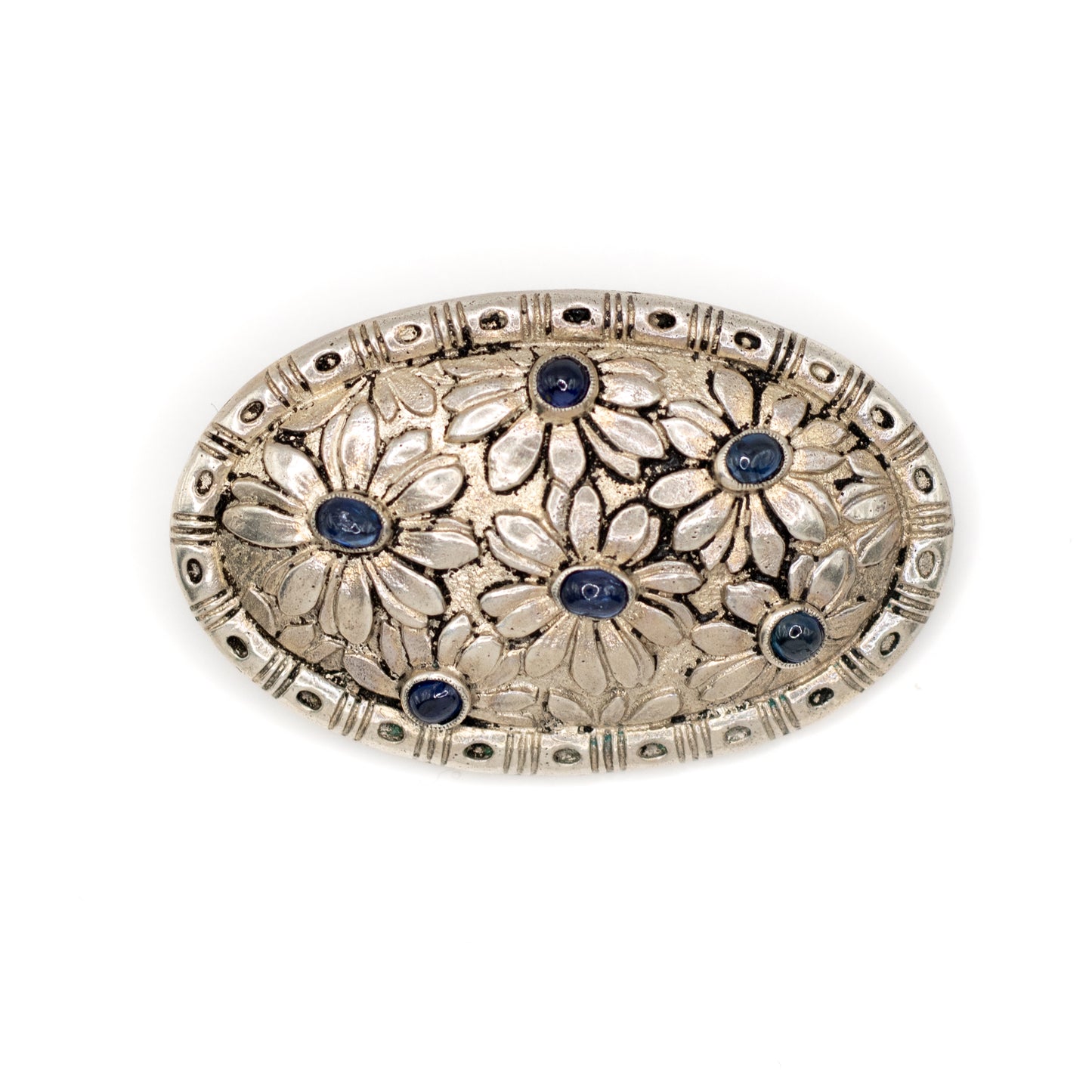 Silver Vintage Brooch With Flower Pattern And Synthetic Sapphire Cabochons
