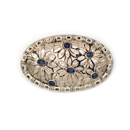 Silver Vintage Brooch With Flower Pattern And Synthetic Sapphire Cabochons