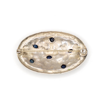 Silver Vintage Brooch With Flower Pattern And Synthetic Sapphire Cabochons