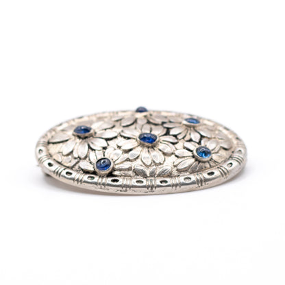 Silver Vintage Brooch With Flower Pattern And Synthetic Sapphire Cabochons