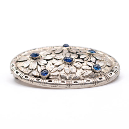 Silver Vintage Brooch With Flower Pattern And Synthetic Sapphire Cabochons
