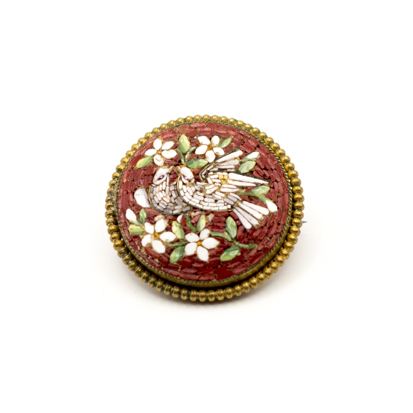 Antique Doves and Flowers Italian Micromosaic Pin
