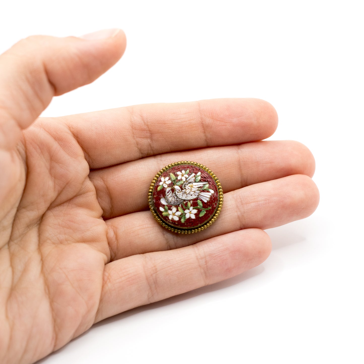 Antique Doves and Flowers Italian Micromosaic Pin