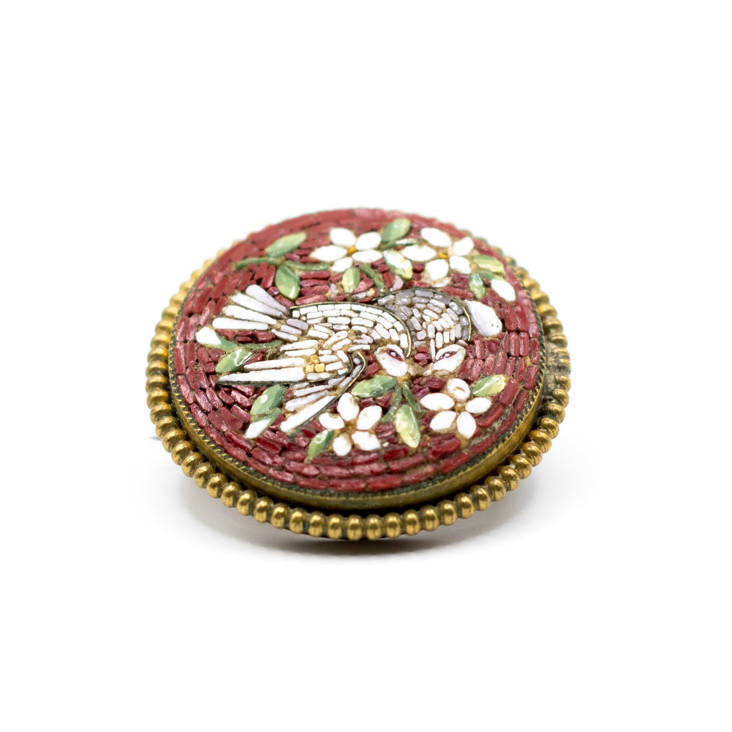 Antique Doves and Flowers Italian Micromosaic Pin