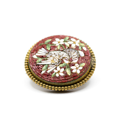 Antique Doves and Flowers Italian Micromosaic Pin