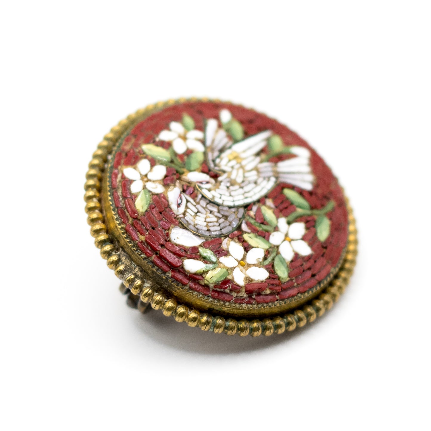 Antique Doves and Flowers Italian Micromosaic Pin