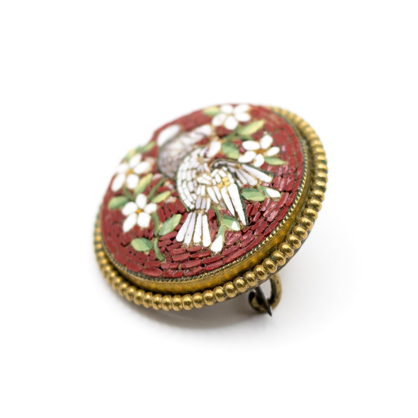 Antique Doves and Flowers Italian Micromosaic Pin