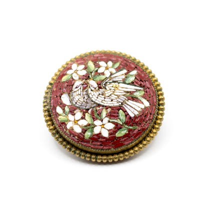 Antique Doves and Flowers Italian Micromosaic Pin