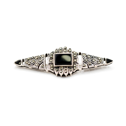 Onyx and Marcasite Vintage Art Deco Silver Brooch