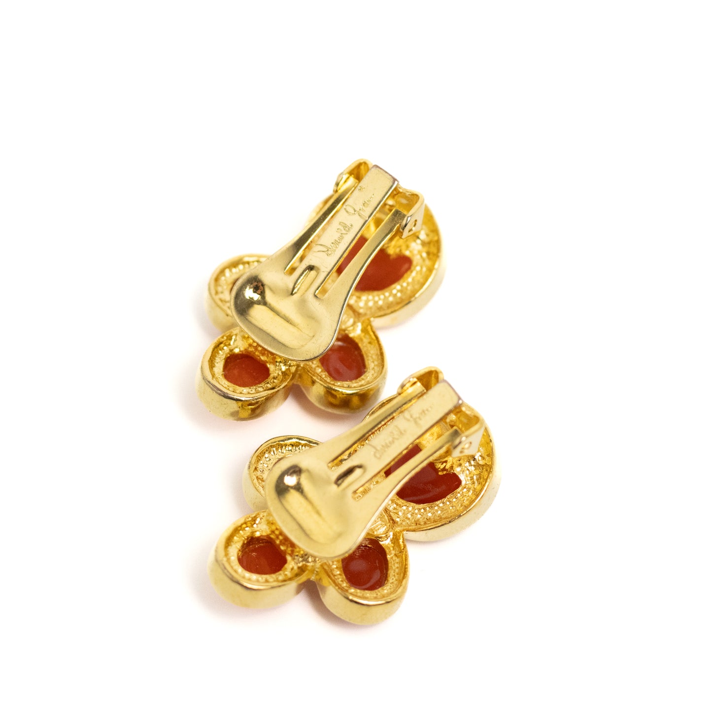 Elegante Vintage David Grau Ohrclips in Gold mit roten Lucite-Cabochons