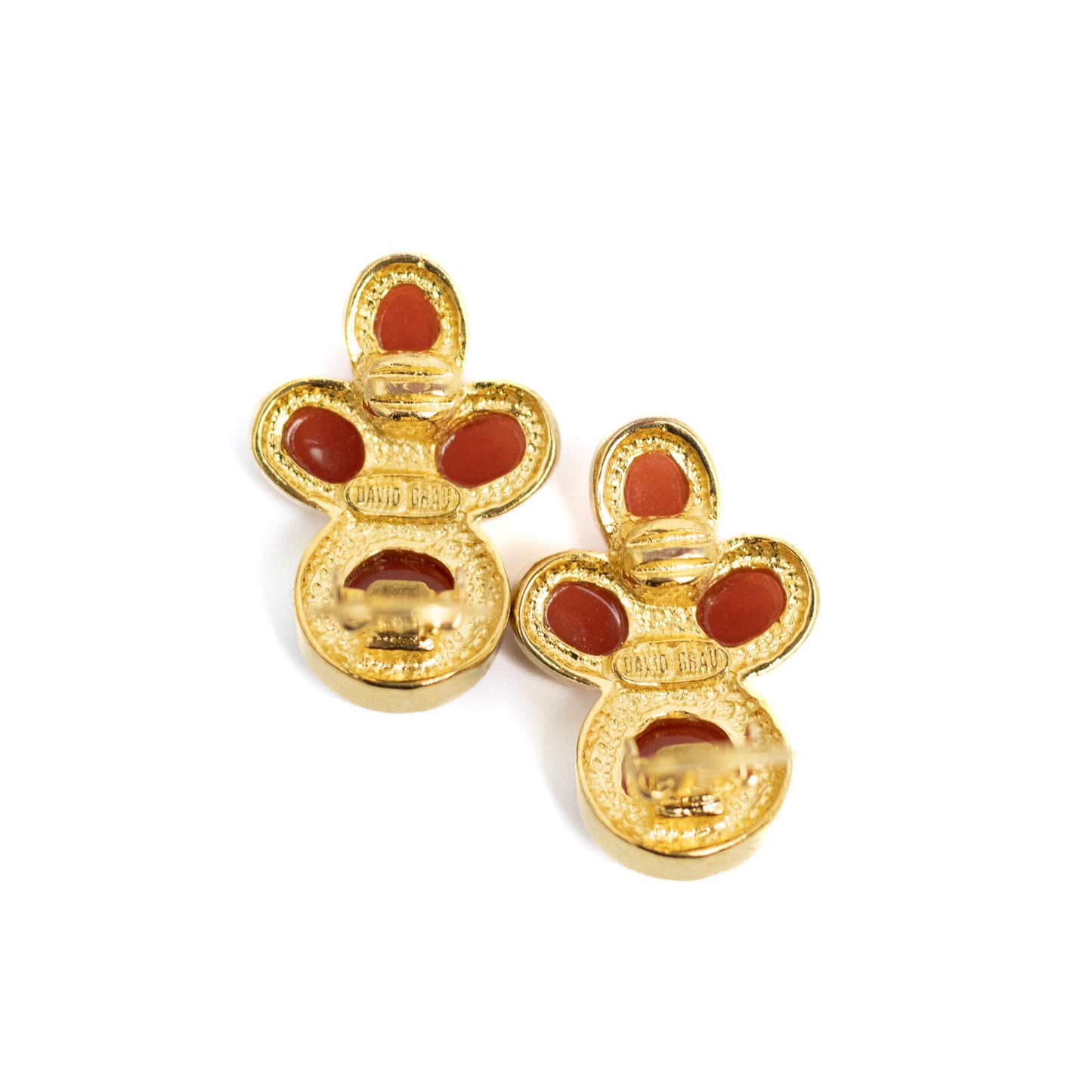 Elegante Vintage David Grau Ohrclips in Gold mit roten Lucite-Cabochons