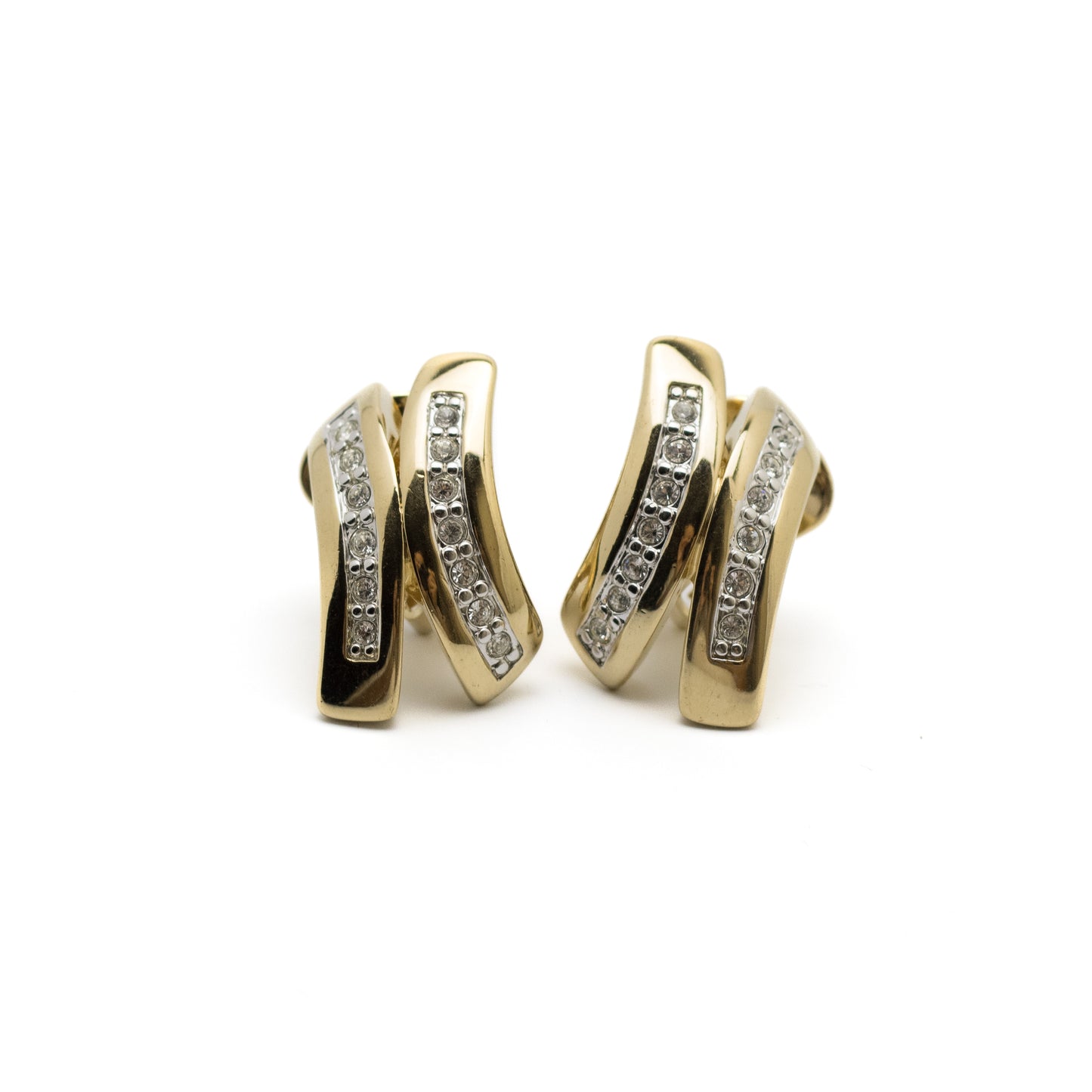Pierre Lang Vintage X-Shaped Rhinestone Clip-On Earrings in Gold Tone
