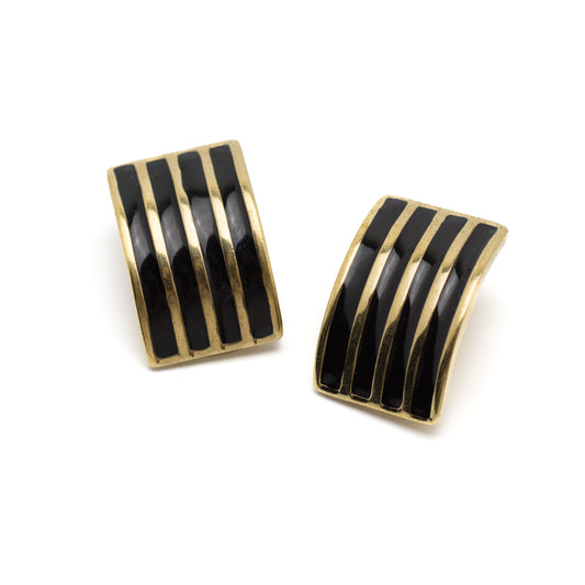 Pierre Lang Black Enamel Stripe Vintage Clip-On Earrings