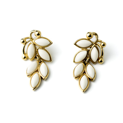 Trifari Vintage White Enamel Leaves Dangle Earrings in Gold Tone