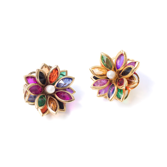 Vintage Bezel Glass Flower Earrings with Rainbow Petals and Faux Pearl Centers