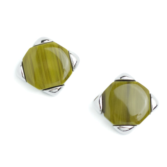 Christian Dior Germany Olive Lucite Vintage Clip On Earrings in Silver Tone