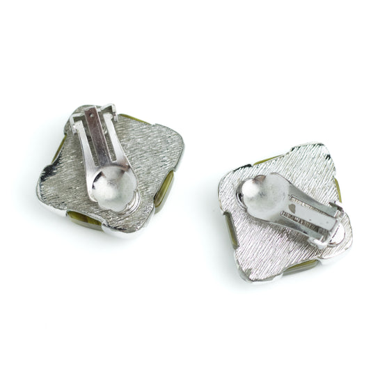 Christian Dior Germany Olive Lucite Vintage Clip On Earrings in Silver Tone