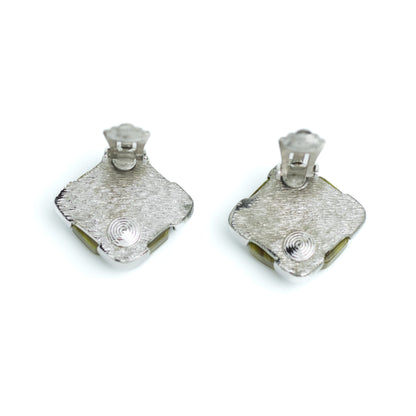 Christian Dior Germany Olive Lucite Vintage Clip On Earrings in Silver Tone