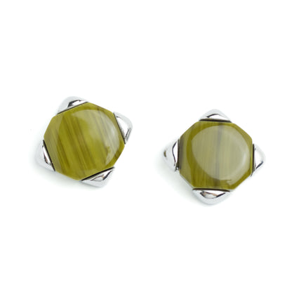 Christian Dior Germany Olive Lucite Vintage Clip On Earrings in Silver Tone