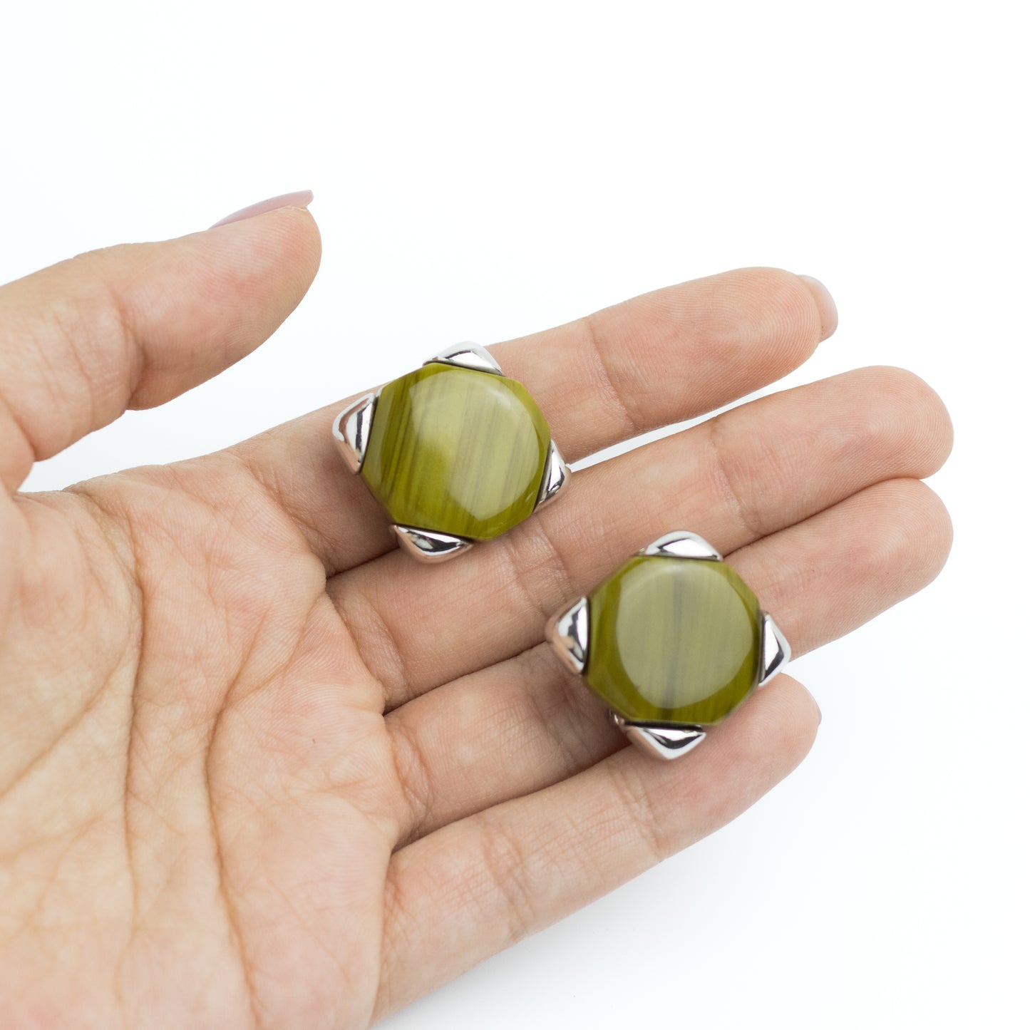 Christian Dior Germany Olive Lucite Vintage Clip On Earrings in Silver Tone